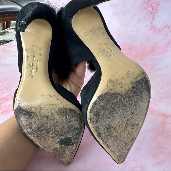 SALVATORE FERRAGAMO Francesca Mink Trim Suede Leather Pumps Black Sz 5.5 - Picture 15 of 16